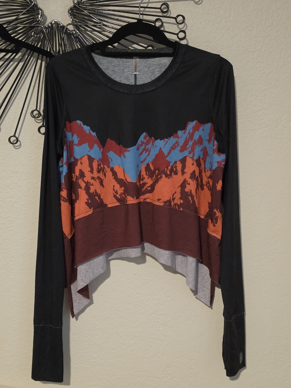 Women’s Long Sleeve Graphic Mountain Top - Black with Orange & Blue